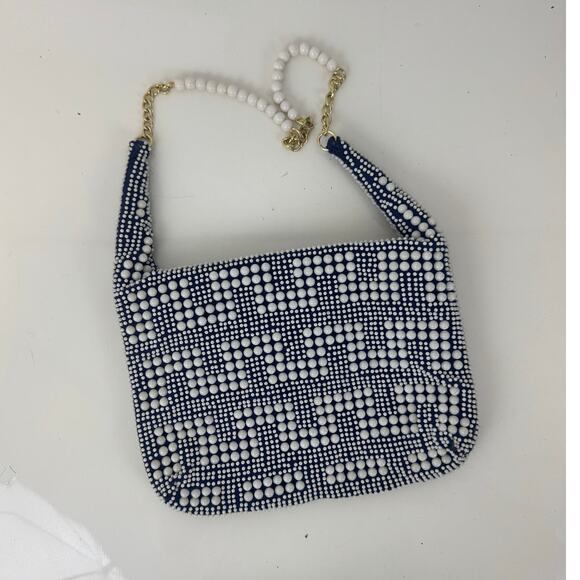 Vintage Navy & White Beaded Geometric Pattern Purse Hand Made Hong Kong 1960s - Picture 6 of 6